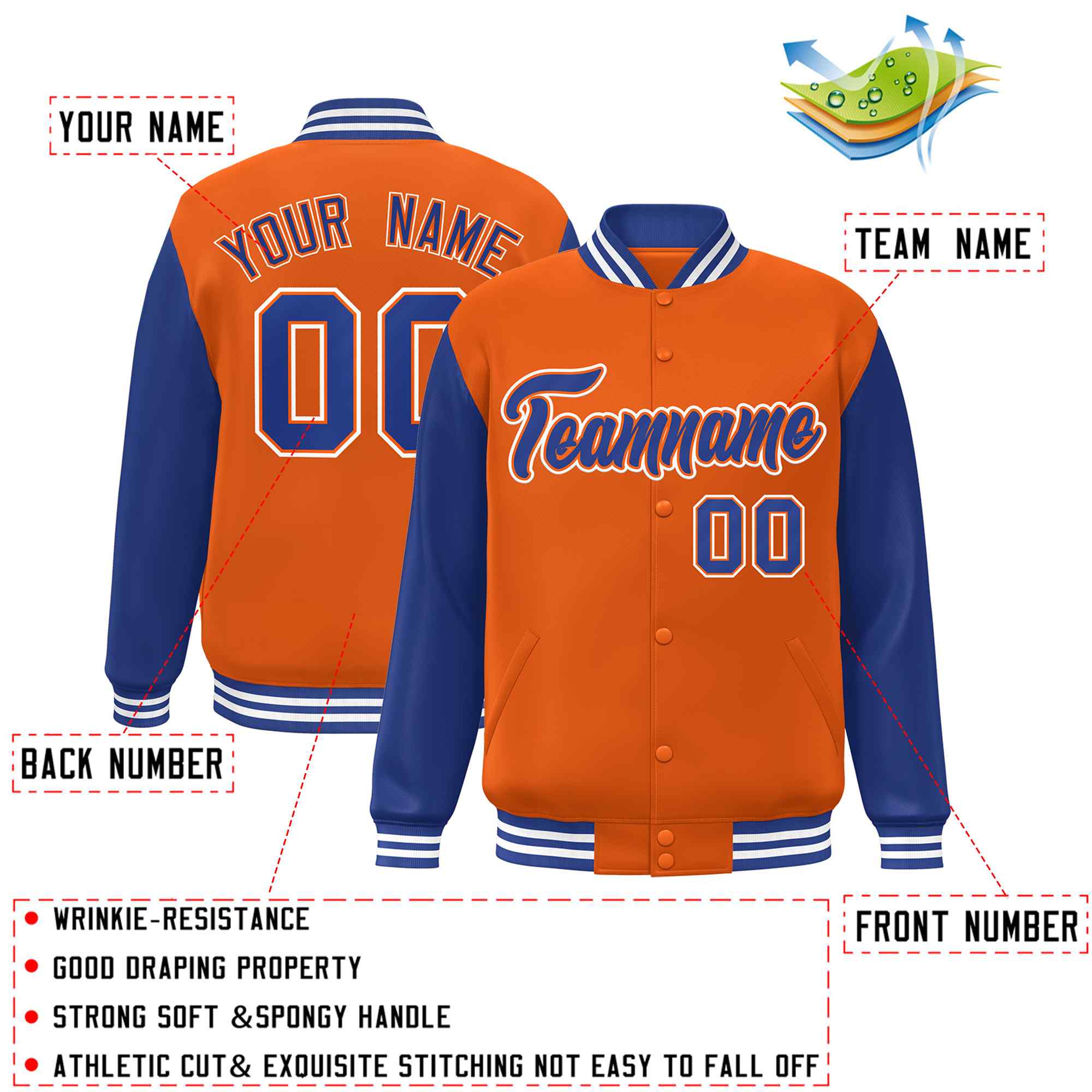 Custom Orange Royal-Orange Raglan Sleeves Varsity Full-Snap Letterman Jacket