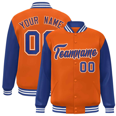 Custom Orange Royal-Orange Raglan Sleeves Varsity Full-Snap Letterman Jacket