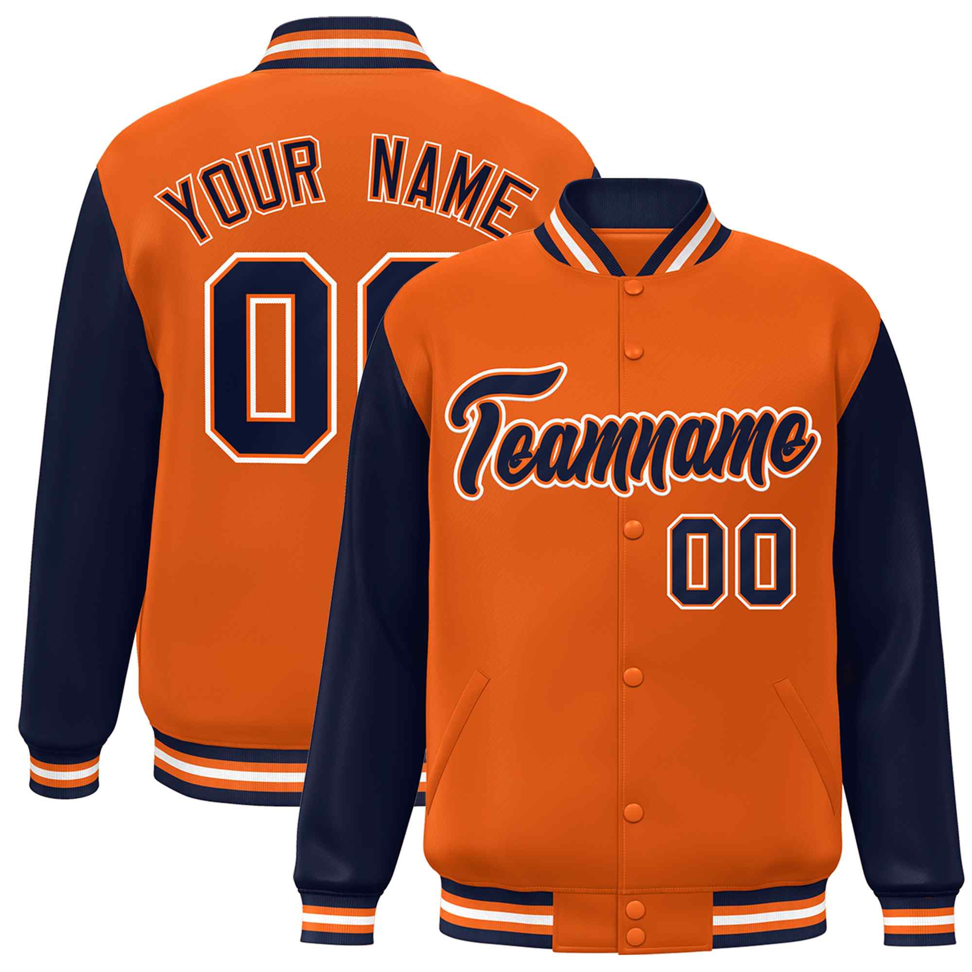 Veste Letterman Varsity Full-Snap à manches raglan orange marine-orange personnalisée