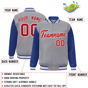 Veste Letterman Varsity Full-Snap à manches raglan personnalisées gris rouge-blanc