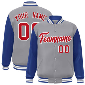 Veste Letterman Varsity Full-Snap à manches raglan personnalisées gris rouge-blanc