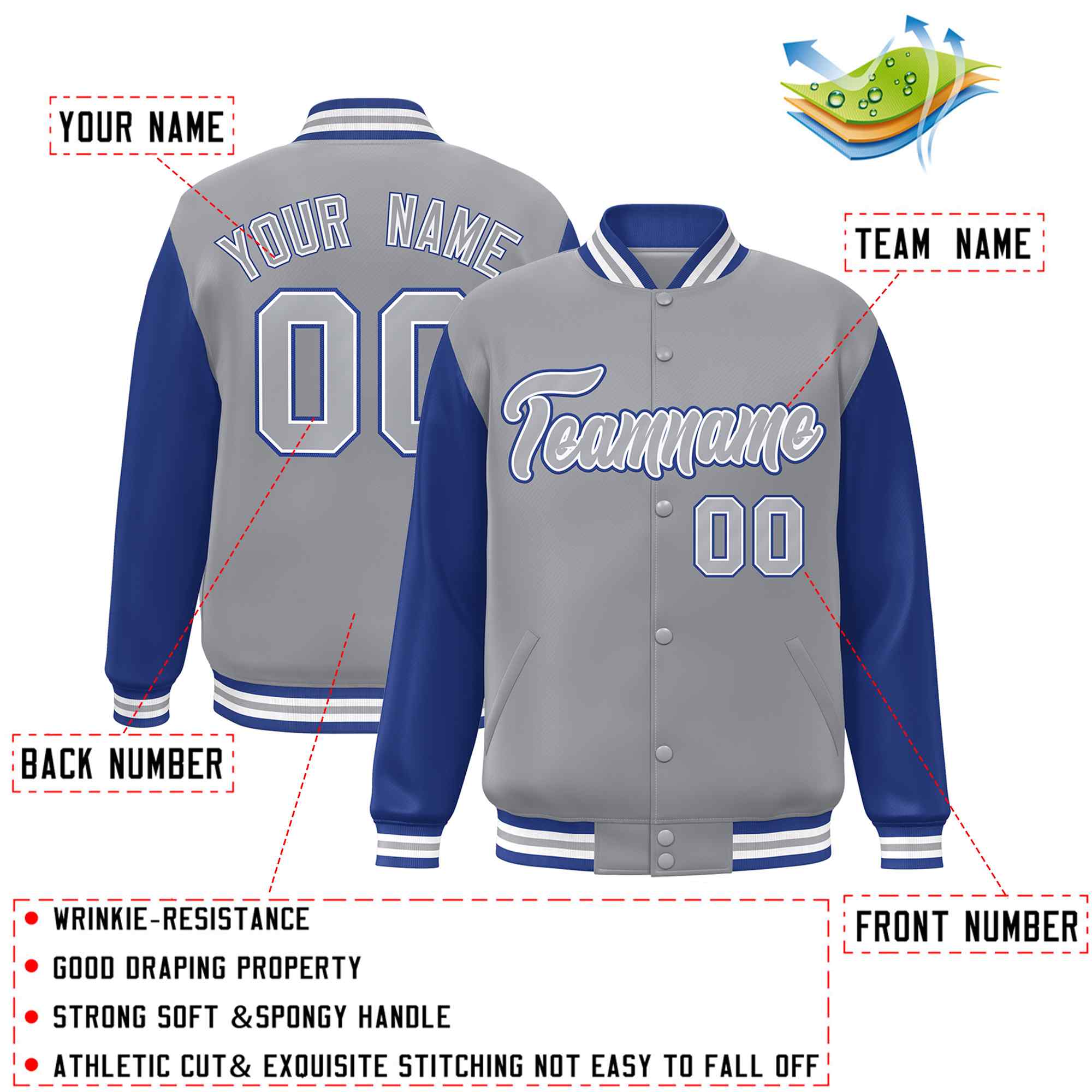 Veste Letterman Varsity Full-Snap à manches raglan gris-blanc personnalisée