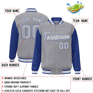 Veste Letterman Varsity Full-Snap à manches raglan gris-blanc personnalisée