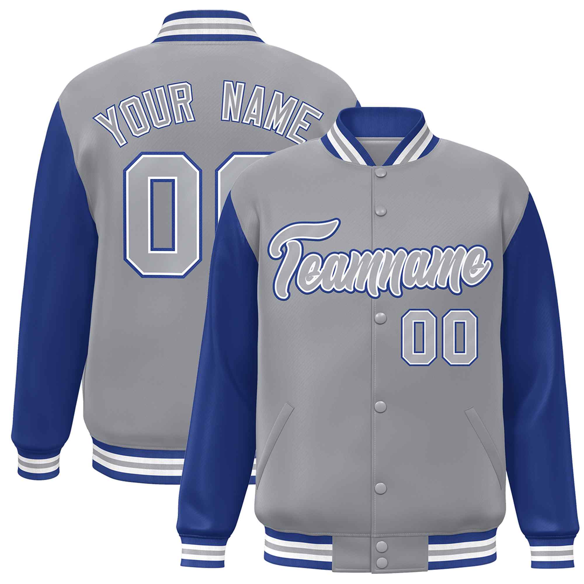 Custom Gray Gray-White Raglan Sleeves Varsity Full-Snap Letterman Jacket