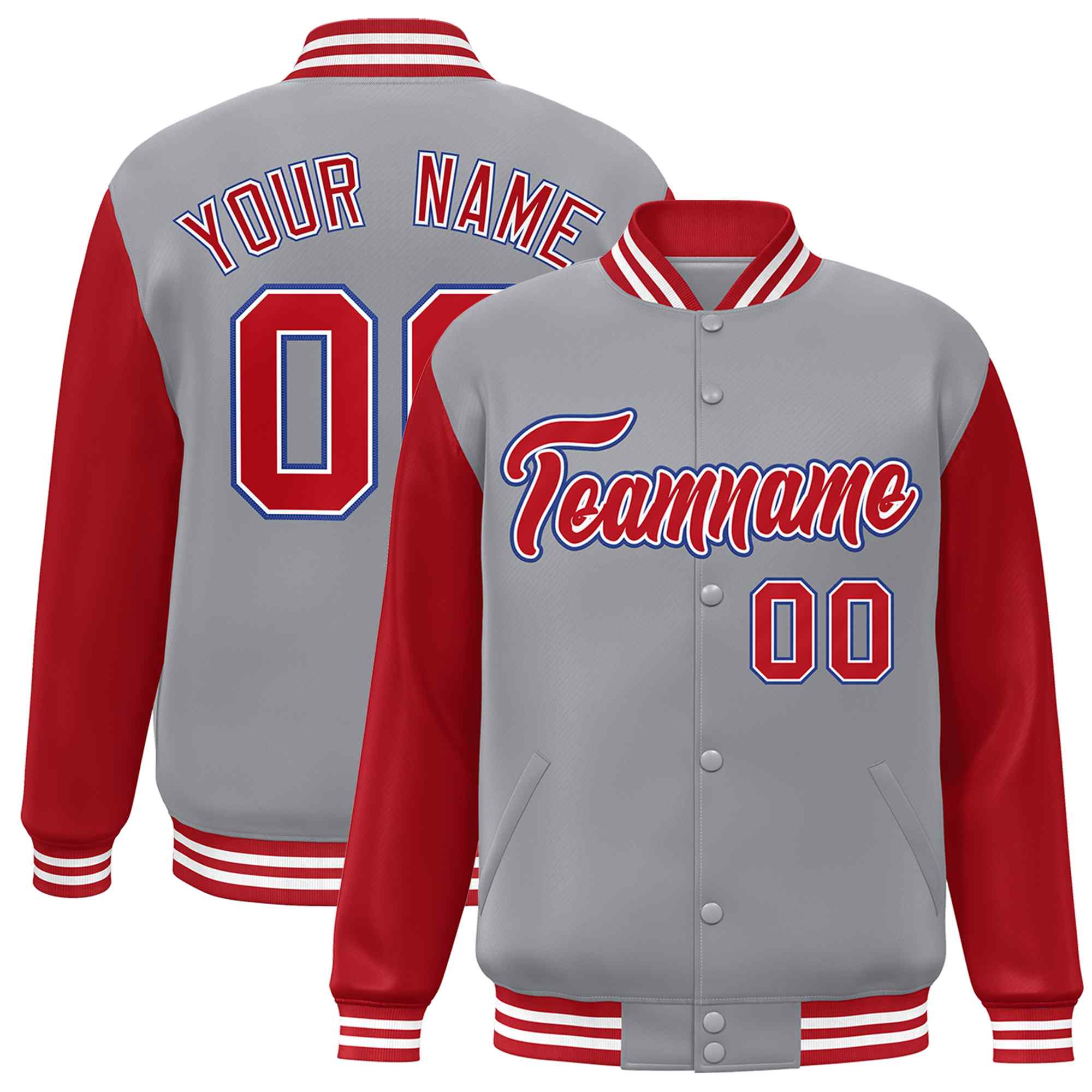 Veste Letterman Varsity Full-Snap à manches raglan personnalisées gris rouge-blanc