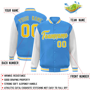 Custom Powder Blue Gold-Powder Blue Raglan Sleeves Varsity Full-Snap Letterman Jacket