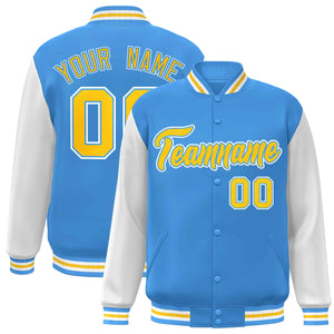 Custom Powder Blue Gold-Powder Blue Raglan Sleeves Varsity Full-Snap Letterman Jacket