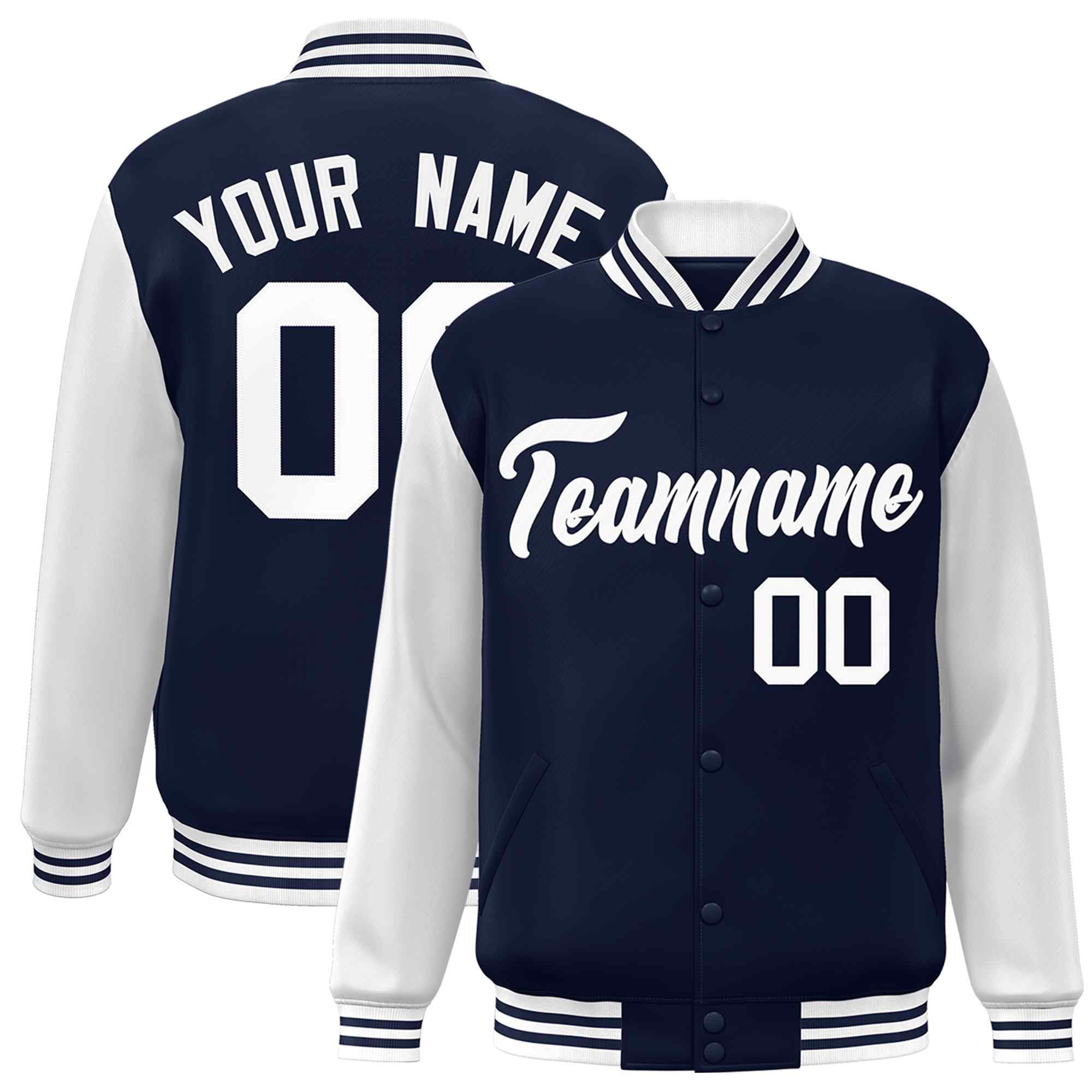 Custom Navy White Raglan Sleeves Varsity Full-Snap Letterman Jacket