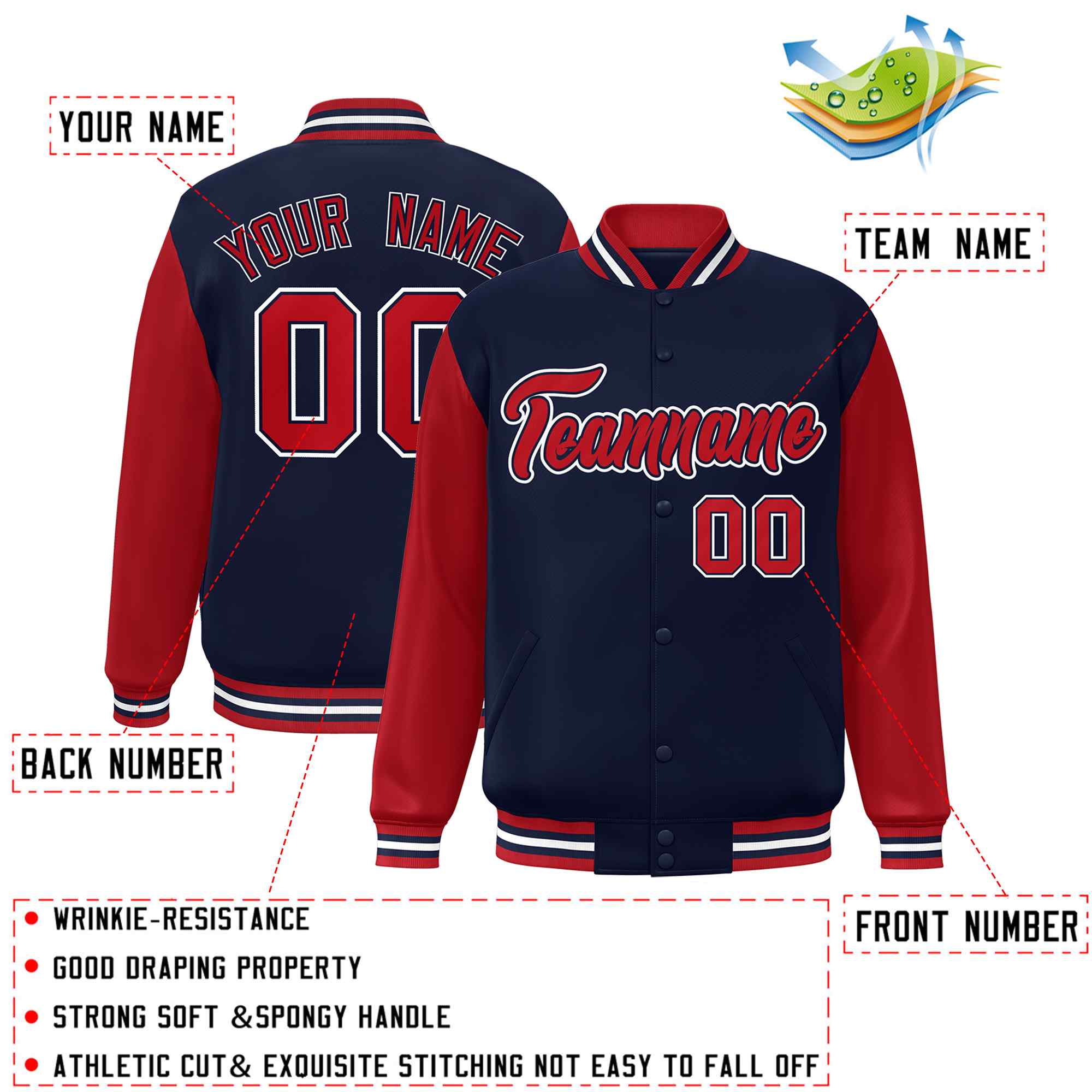 Custom Navy Red-Navy Raglan Sleeves Varsity Full-Snap Letterman Jacket