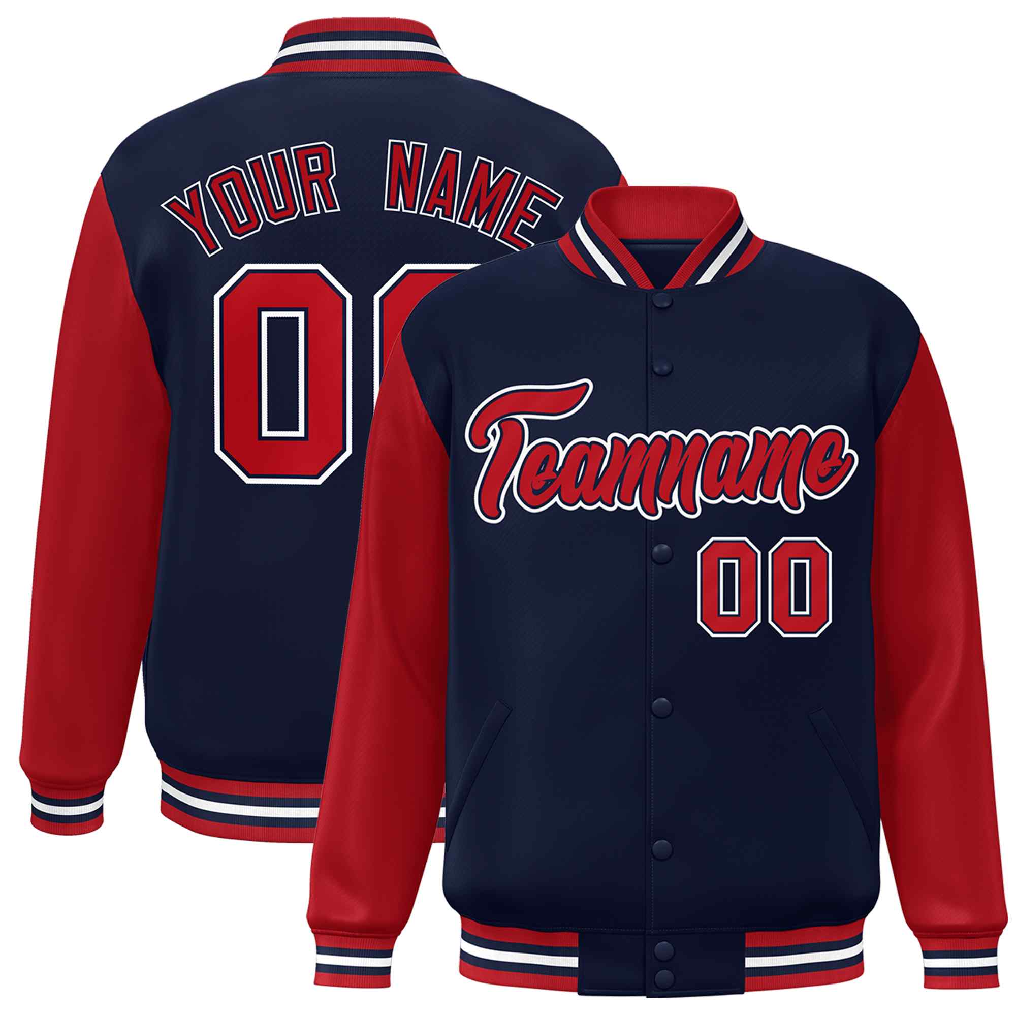 Custom Navy Red-Navy Raglan Sleeves Varsity Full-Snap Letterman Jacket