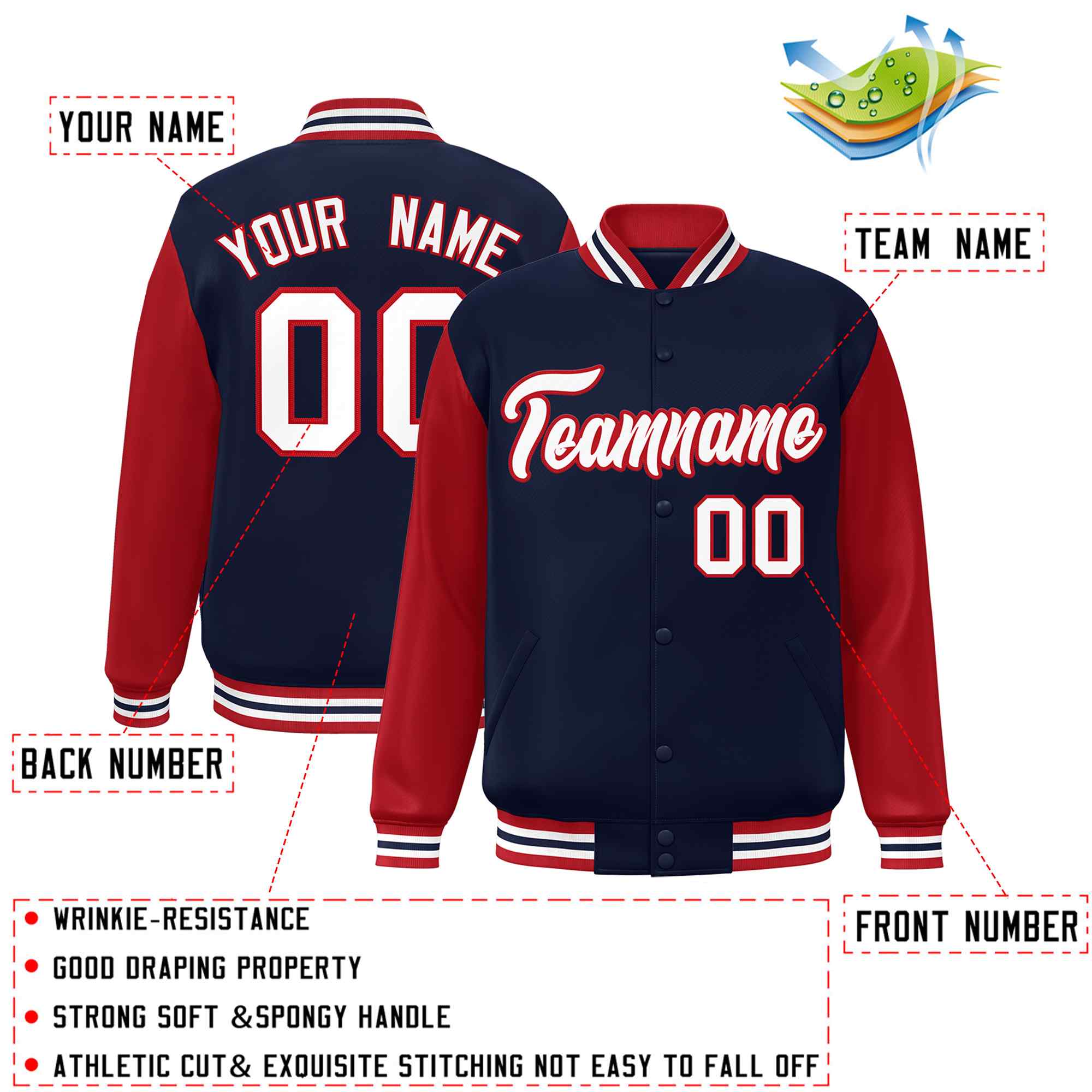 Custom Navy White-Red Raglan Sleeves Varsity Full-Snap Letterman Jacket