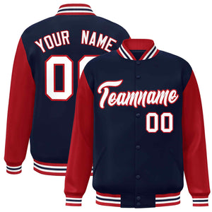 Veste Letterman Varsity Full-Snap à manches raglan blanc-rouge personnalisée