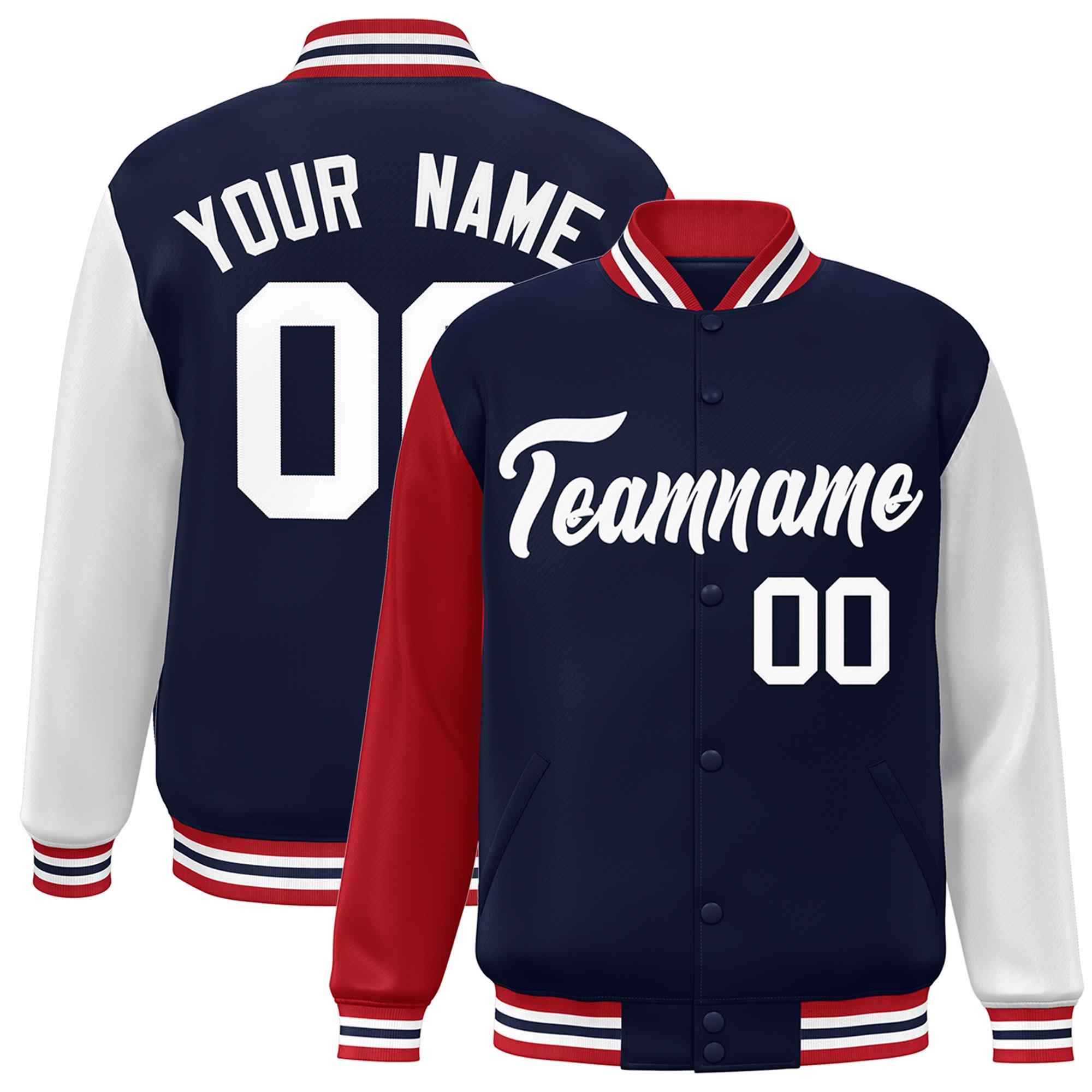 Veste Letterman Varsity Full-Snap à manches raglan blanches et personnalisées