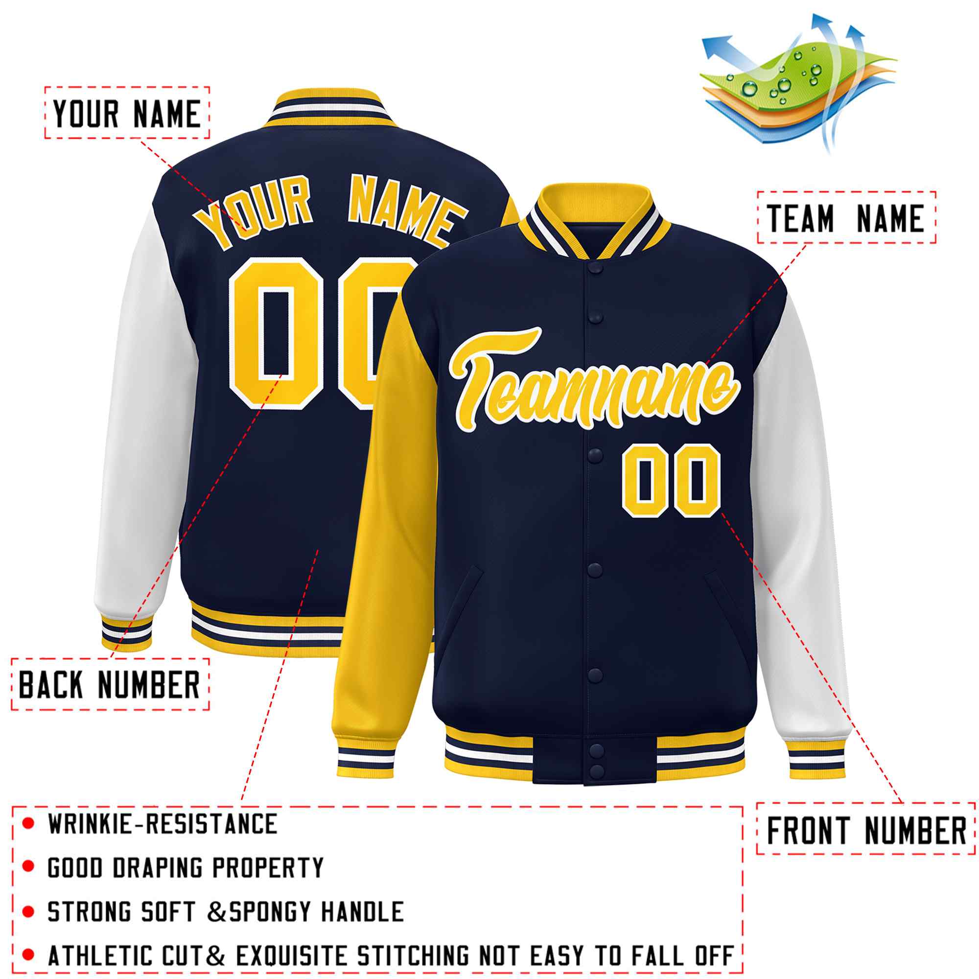 Custom Navy Gold-White Raglan Sleeves Varsity Full-Snap Letterman Jacket