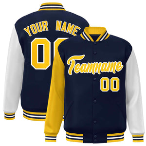 Veste Letterman Varsity Full-Snap à manches raglan personnalisées bleu marine et blanc