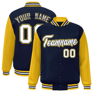 Custom Navy White-Navy Raglan Sleeves Varsity Full-Snap Letterman Jacket