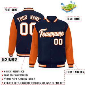 Custom Navy White-Orange Raglan Sleeves Varsity Full-Snap Letterman Jacket