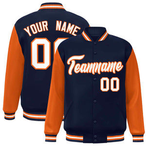 Custom Navy White-Orange Raglan Sleeves Varsity Full-Snap Letterman Jacket