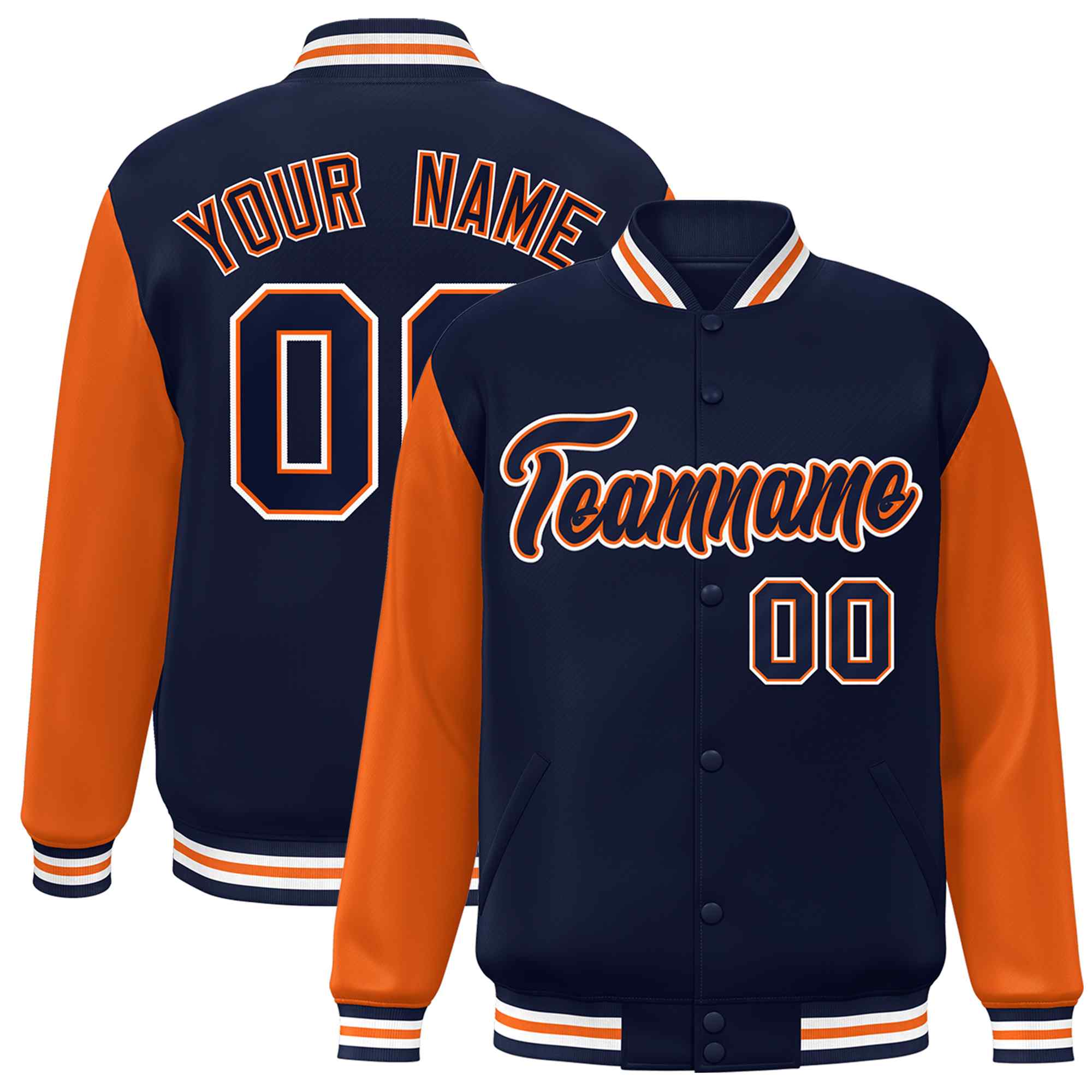 Veste Letterman Varsity Full-Snap à manches raglan bleu marine-orange personnalisée