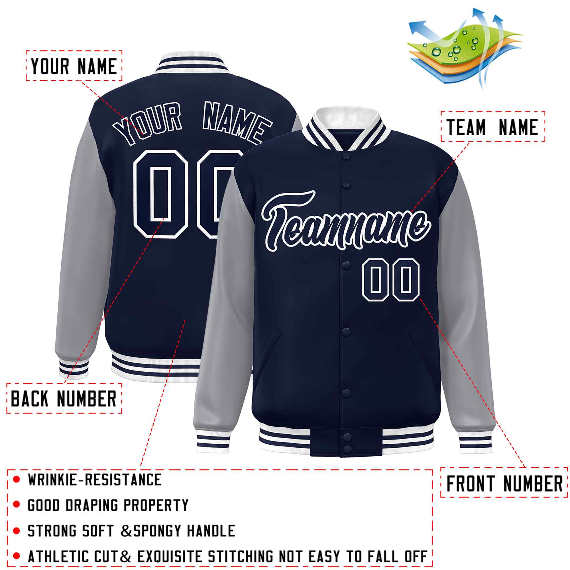 Custom Navy Navy-White Raglan Sleeves Varsity Full-Snap Letterman Jacket