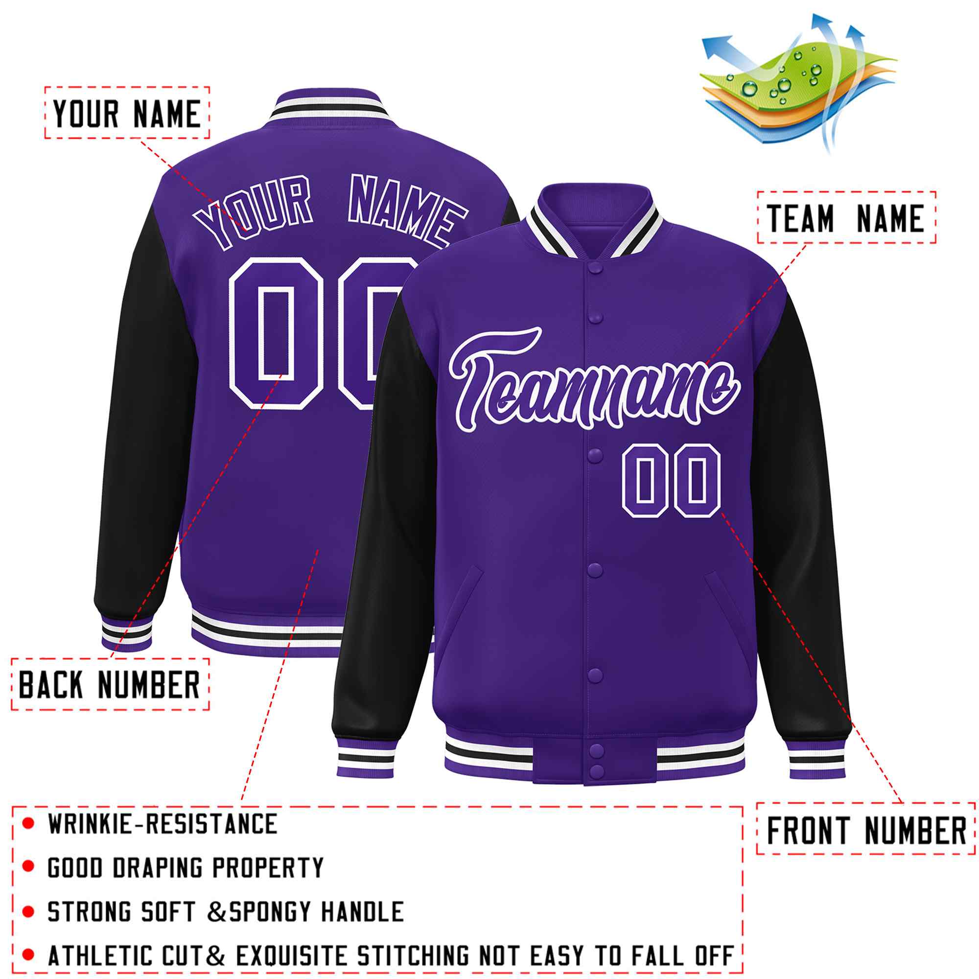 Custom Purple Purple-White Raglan Sleeves Varsity Full-Snap Letterman Jacket