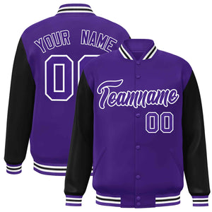 Veste Letterman Varsity Full-Snap à manches raglan violet-blanc personnalisée