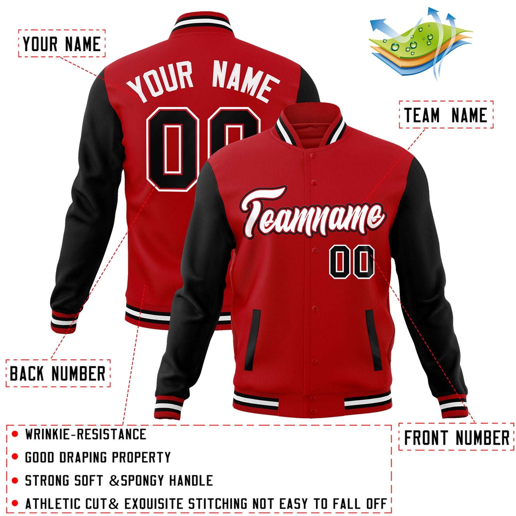 Veste Letterman Varsity Full-Snap à manches raglan rouge blanc-rouge personnalisée