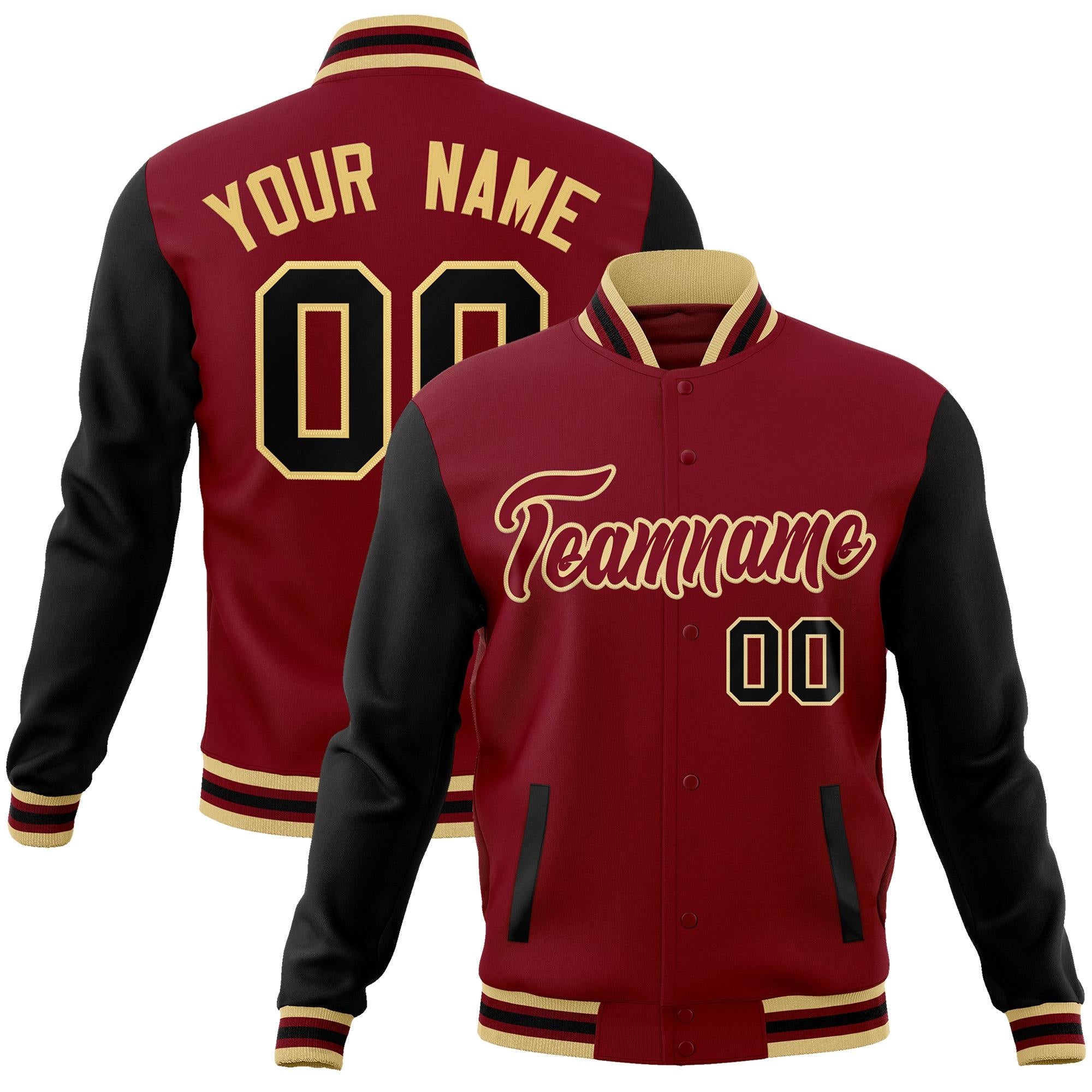 Custom Crimson Crimson-Khaki Raglan Sleeves Varsity Full-Snap Letterman Jacket