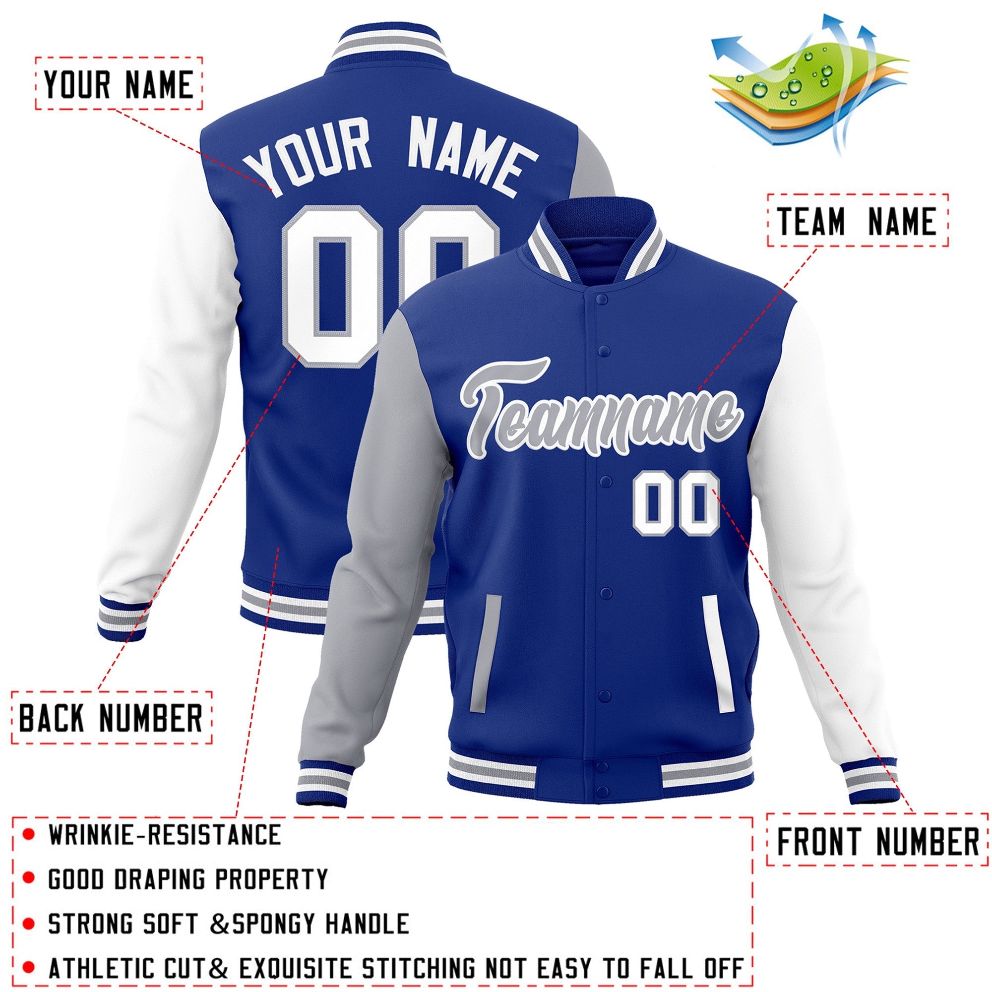 Veste Letterman Varsity Full-Snap Custom Royal Gris-Blanc à manches raglan