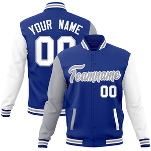 Custom Royal Gray-White Raglan Sleeves Varsity Full-Snap Letterman Jacket