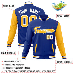 Custom Royal Yellow-White Raglan Sleeves Varsity Full-Snap Letterman Jacket