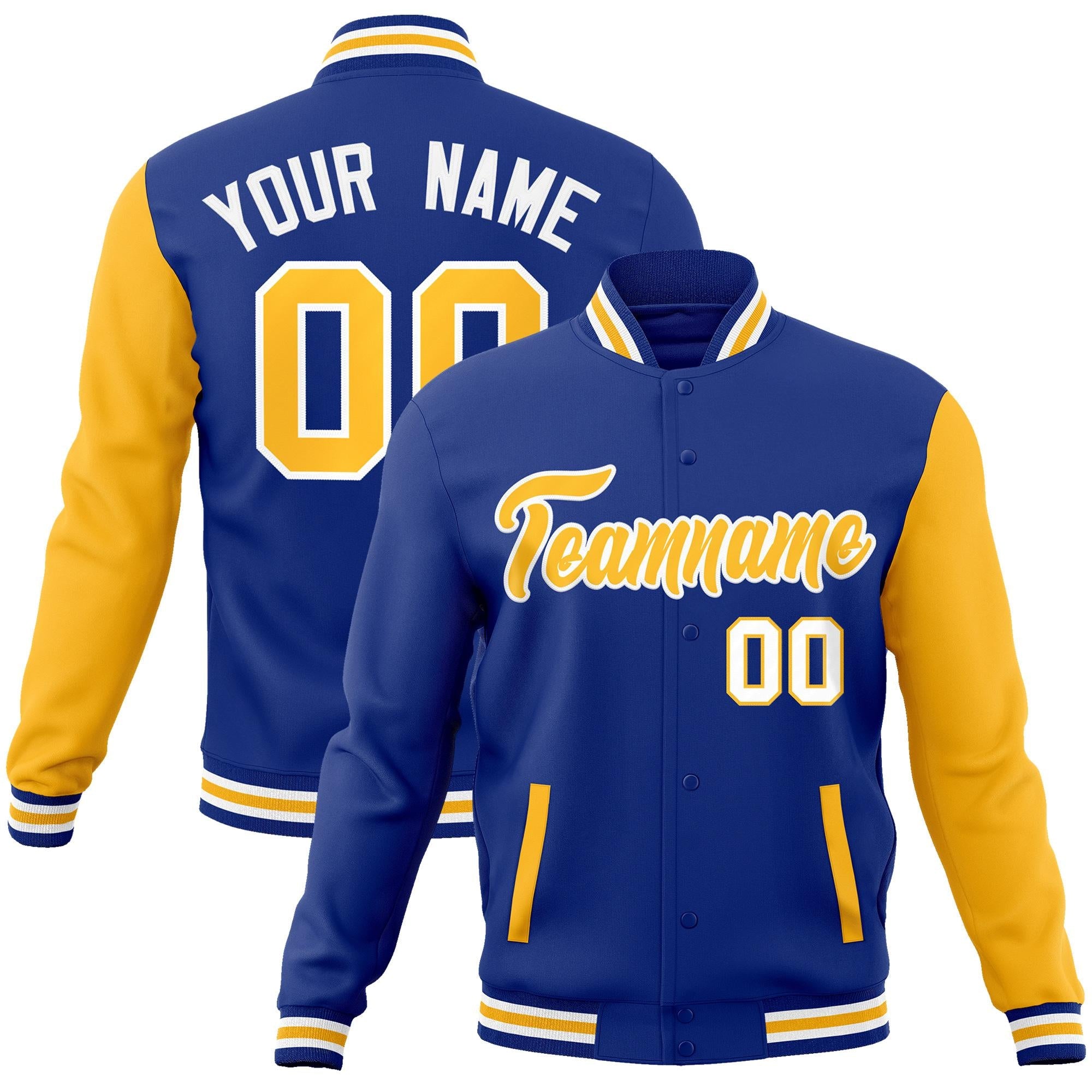 Custom Royal Yellow-White Raglan Sleeves Varsity Full-Snap Letterman Jacket