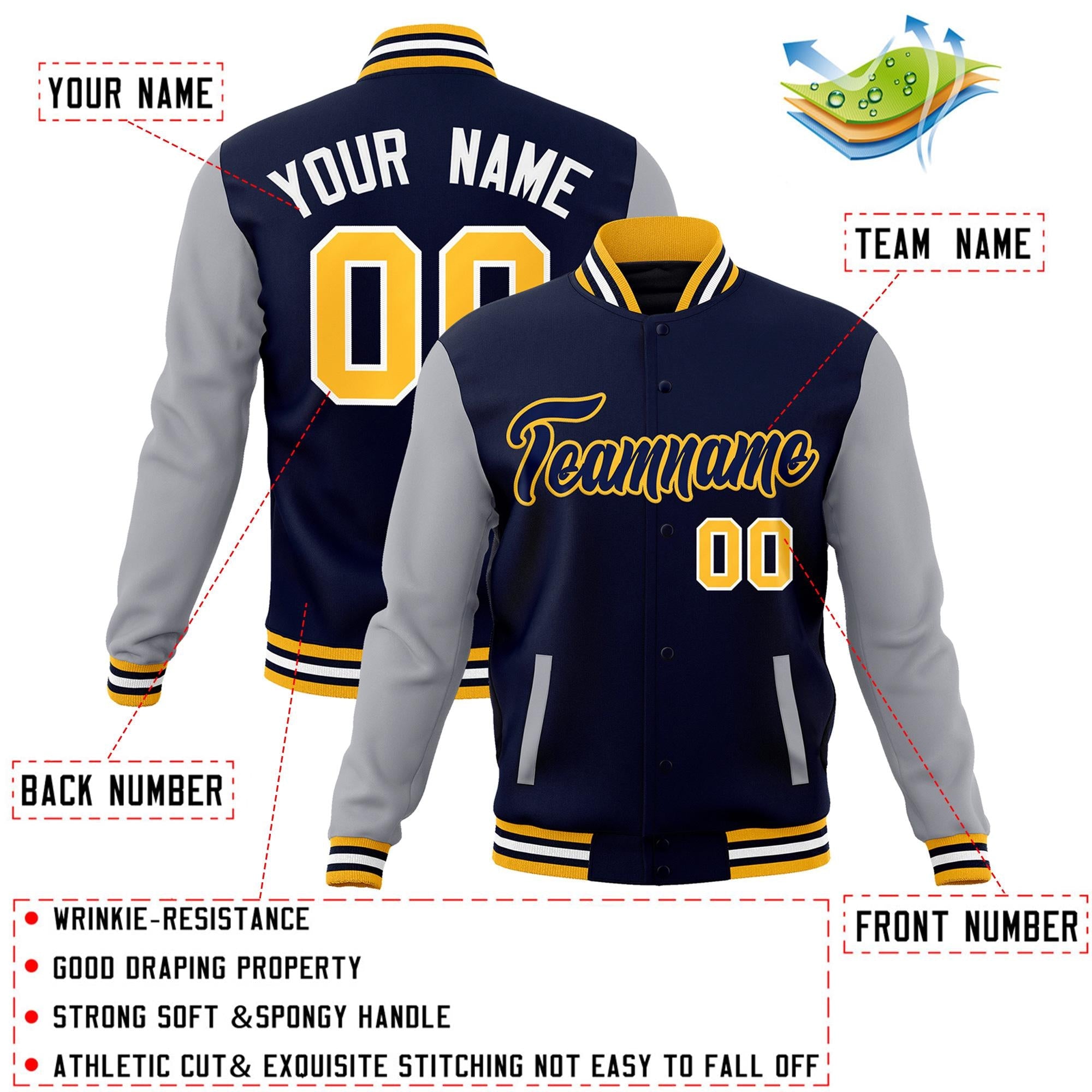 Veste Letterman universitaire à manches raglan bleu marine et jaune personnalisée