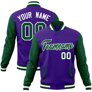 Custom Purple Green-White Raglan Sleeves Varsity Full-Snap Letterman Jacket