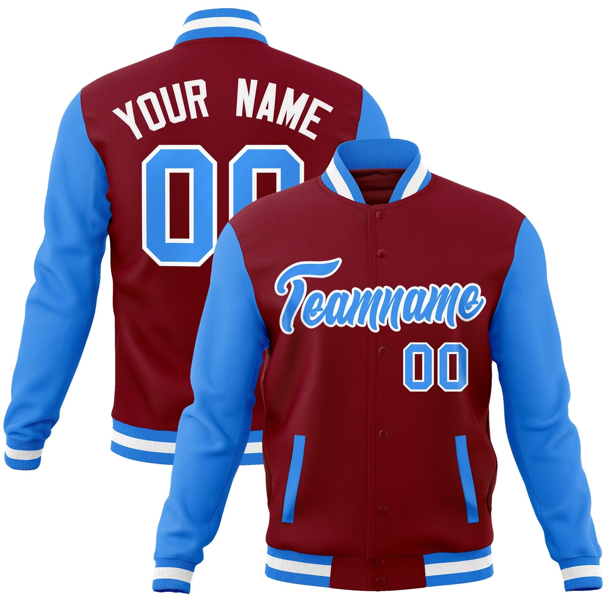 Custom Crimson Powder Blue-White Raglan Sleeves Varsity Full-Snap Letterman Jacket