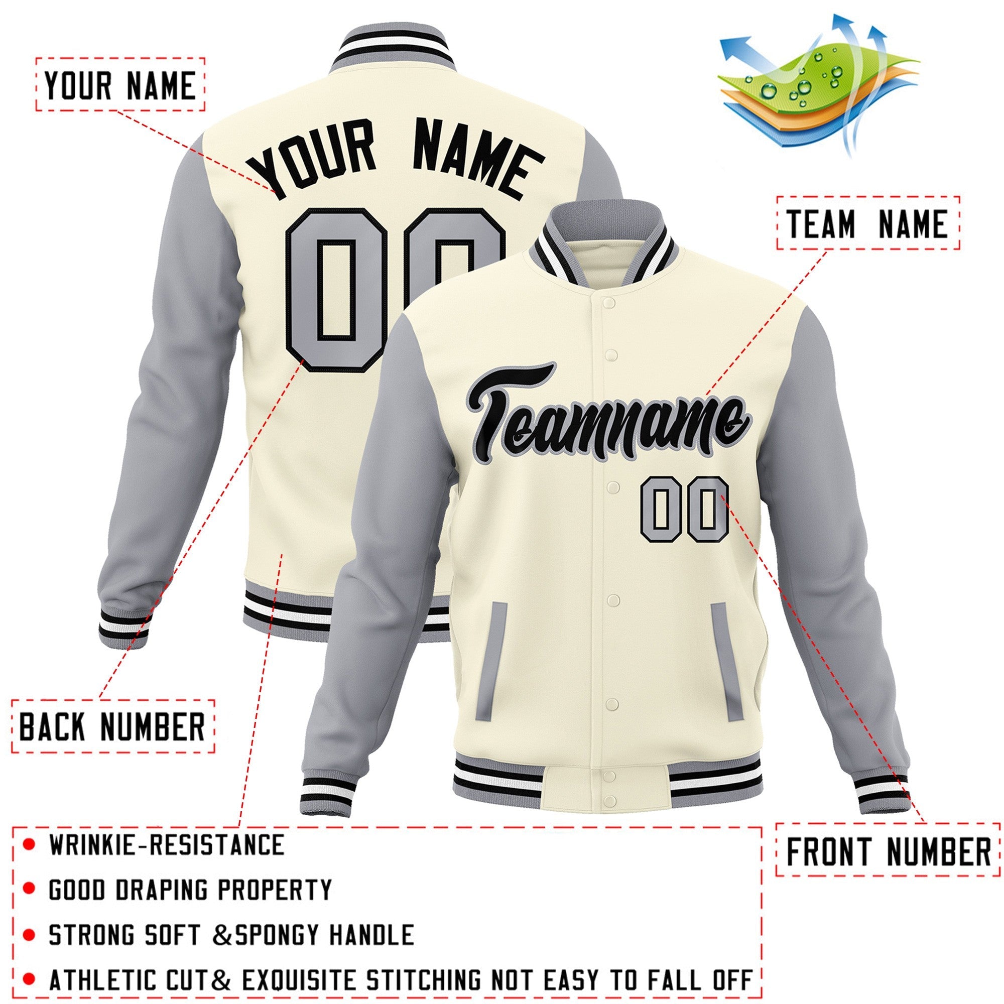 Custom Khaki Black-Gray Raglan Sleeves Varsity Full-Snap Letterman Jacket