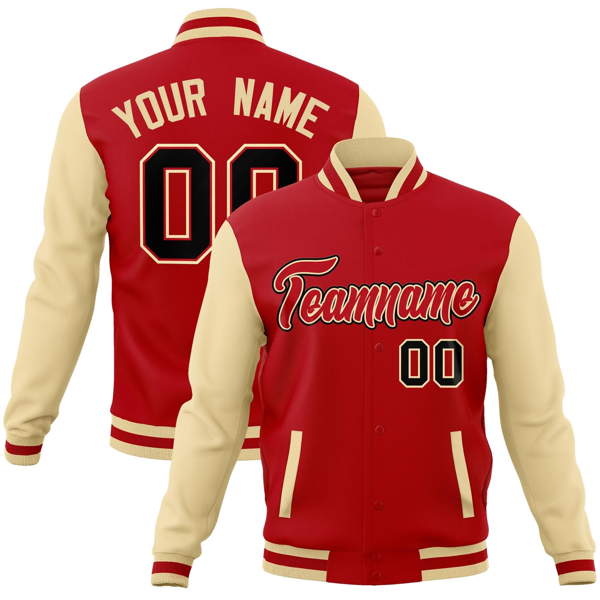 Custom Red Red-Khaki Raglan Sleeves Varsity Full-Snap Letterman Jacket