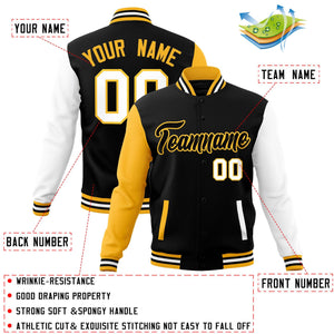 Veste Letterman Varsity à manches raglan noires et jaunes personnalisées