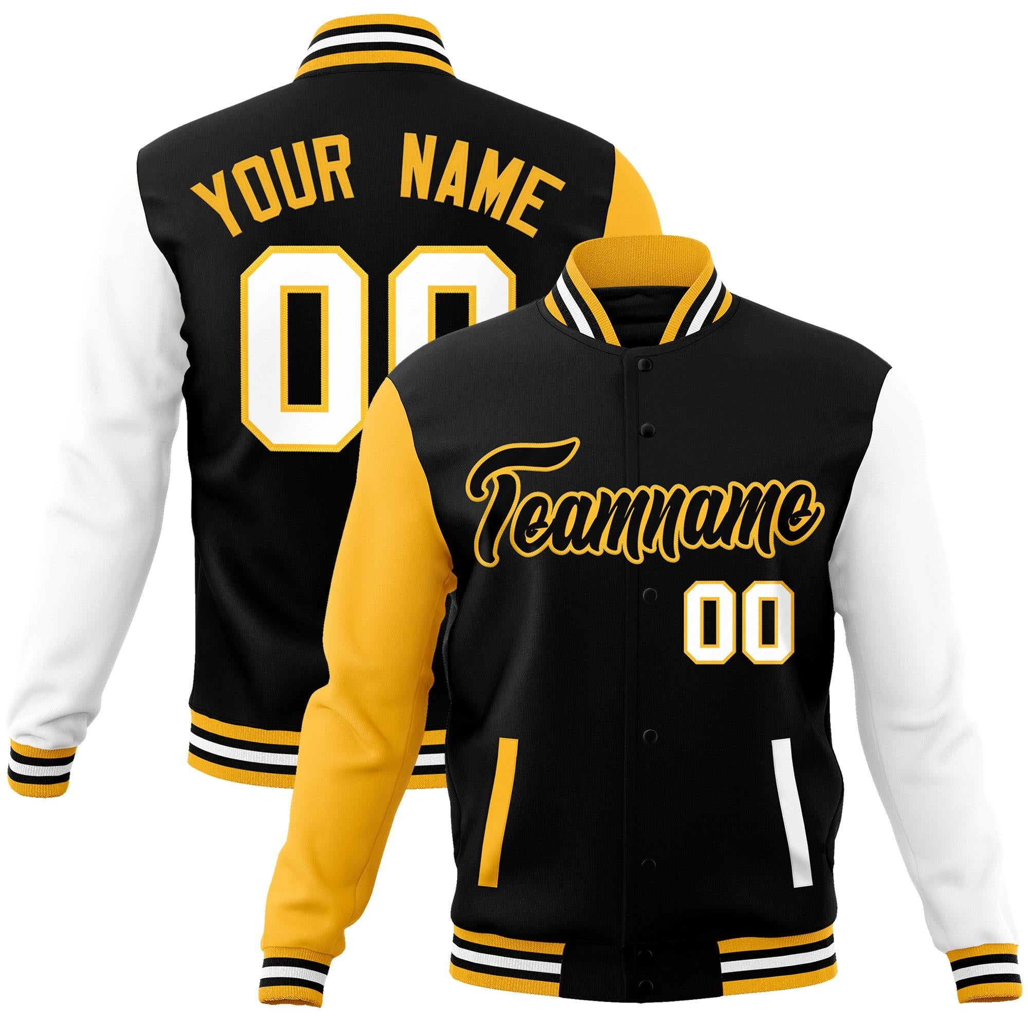 Custom Black Black-Yellow Raglan Sleeves Varsity Full-Snap Letterman Jacket