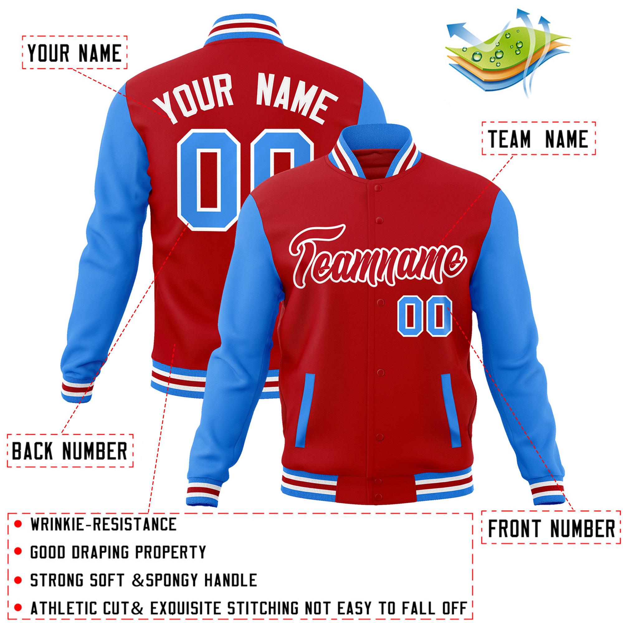 Veste Letterman Varsity Full-Snap à manches raglan rouge-blanc personnalisée