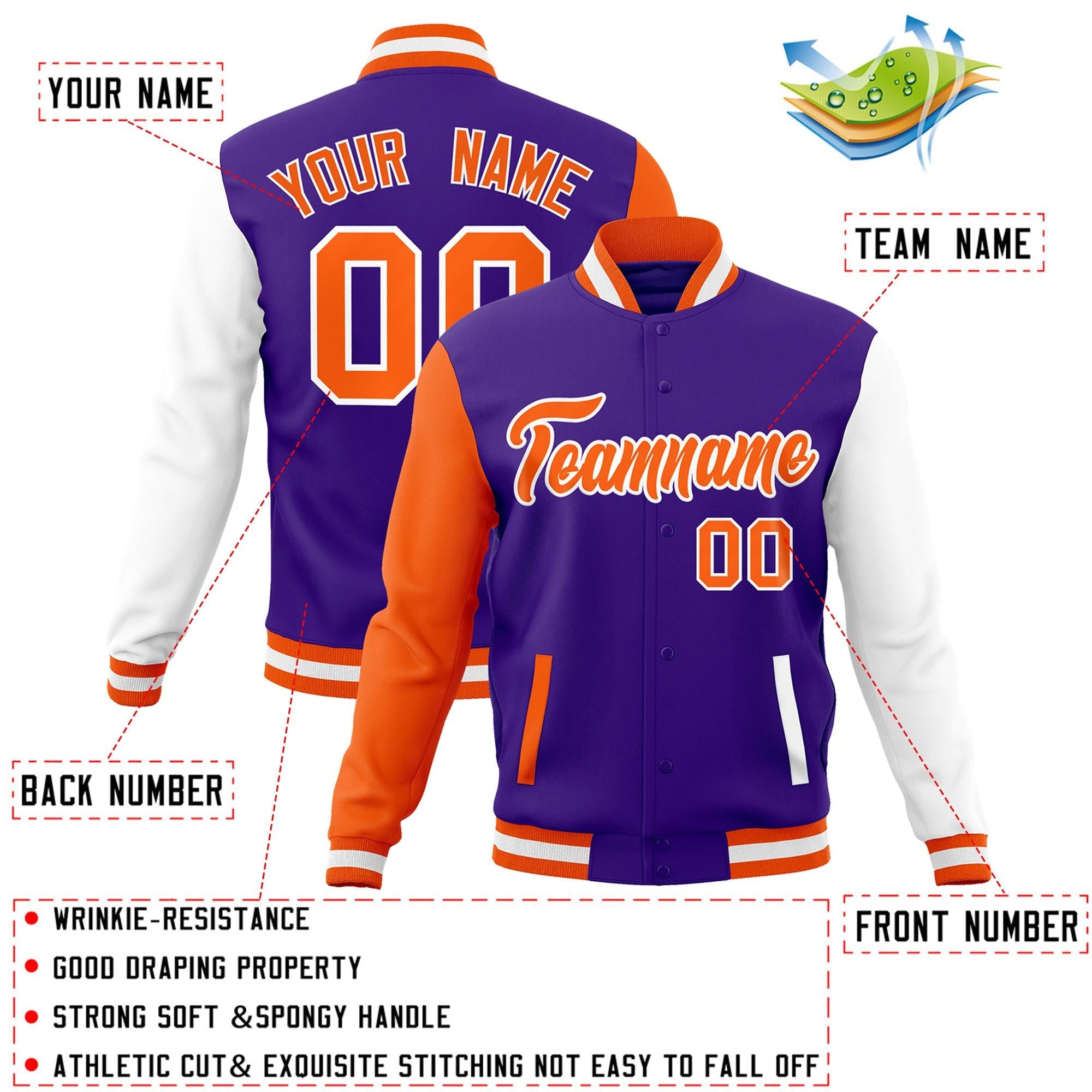 Custom Purple Orange-White Raglan Sleeves Varsity Full-Snap Letterman Jacket