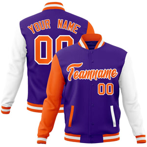 Custom Purple Orange-White Raglan Sleeves Varsity Full-Snap Letterman Jacket