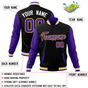 Veste Letterman Varsity Full-Snap personnalisée à manches raglan noir violet-jaune