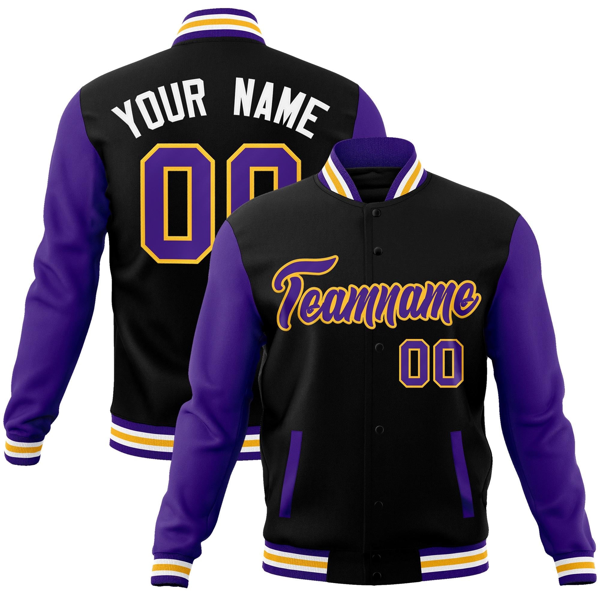 Custom Black Purple-Yellow Raglan Sleeves Varsity Full-Snap Letterman Jacket