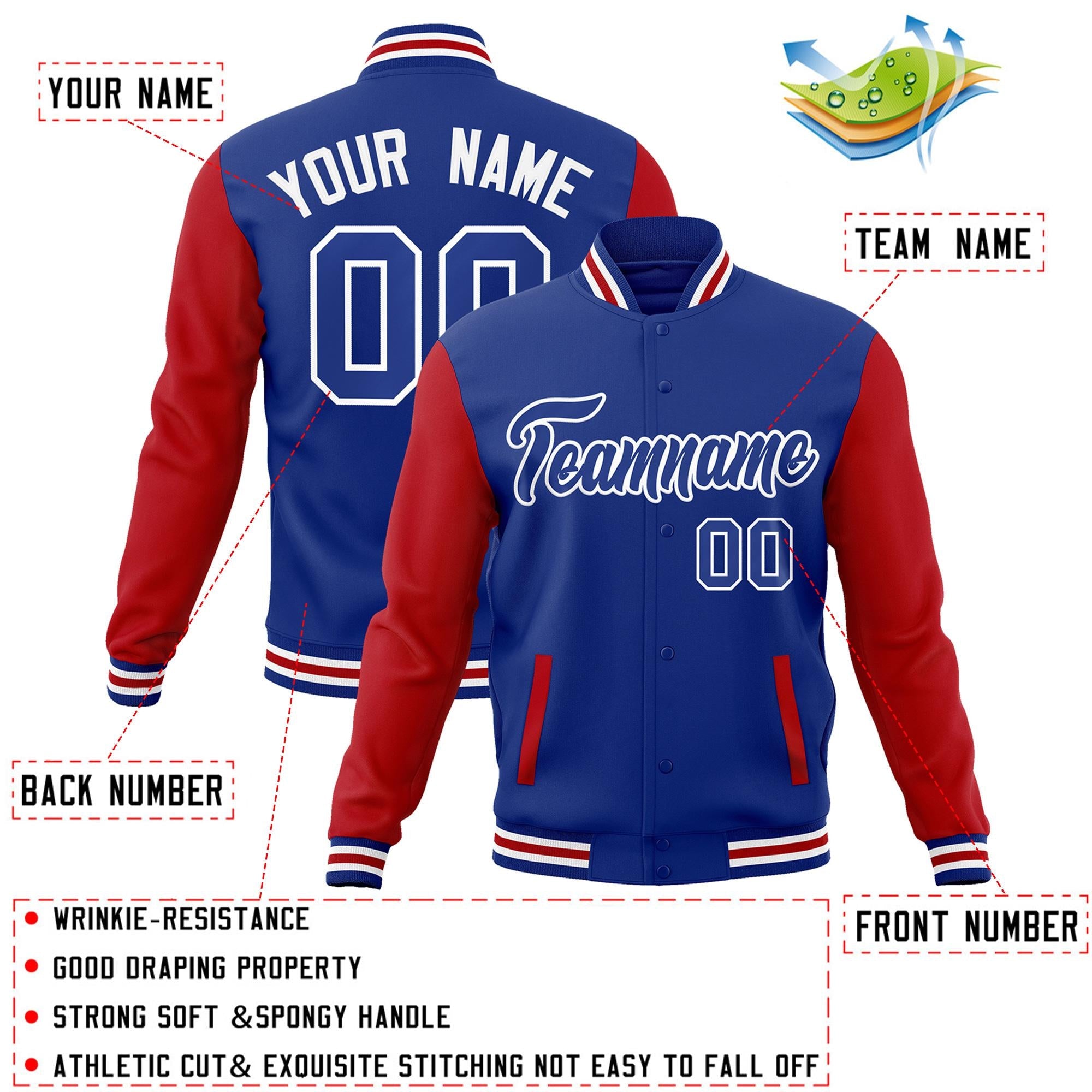 Custom Royal Royal-White Raglan Sleeves Varsity Full-Snap Letterman Jacket