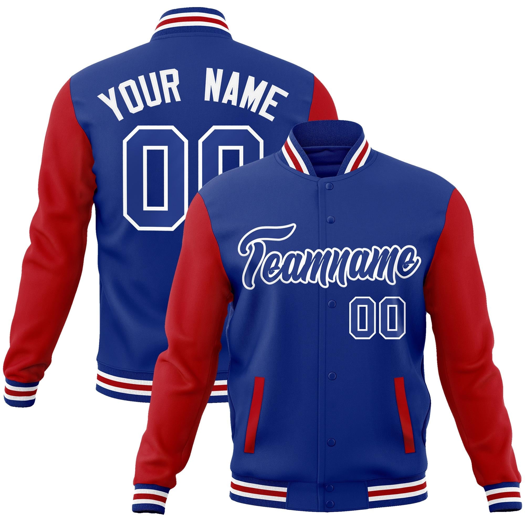 Custom Royal Royal-White Raglan Sleeves Varsity Full-Snap Letterman Jacket