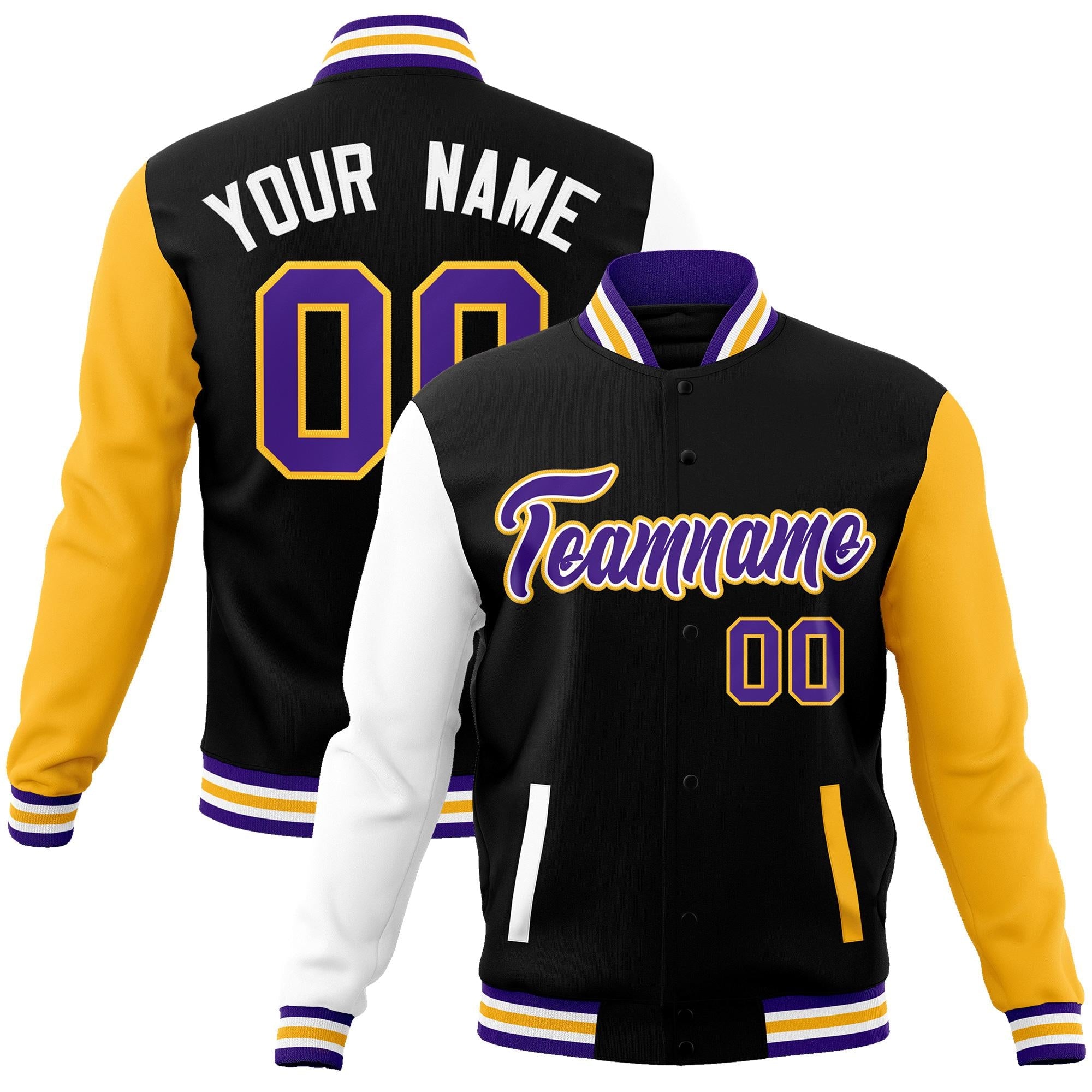 Custom Black Purple-White Raglan Sleeves Varsity Full-Snap Letterman Jacket