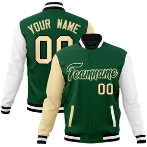 Custom Green Green-Khaki Raglan Sleeves Varsity Full-Snap Letterman Jacket