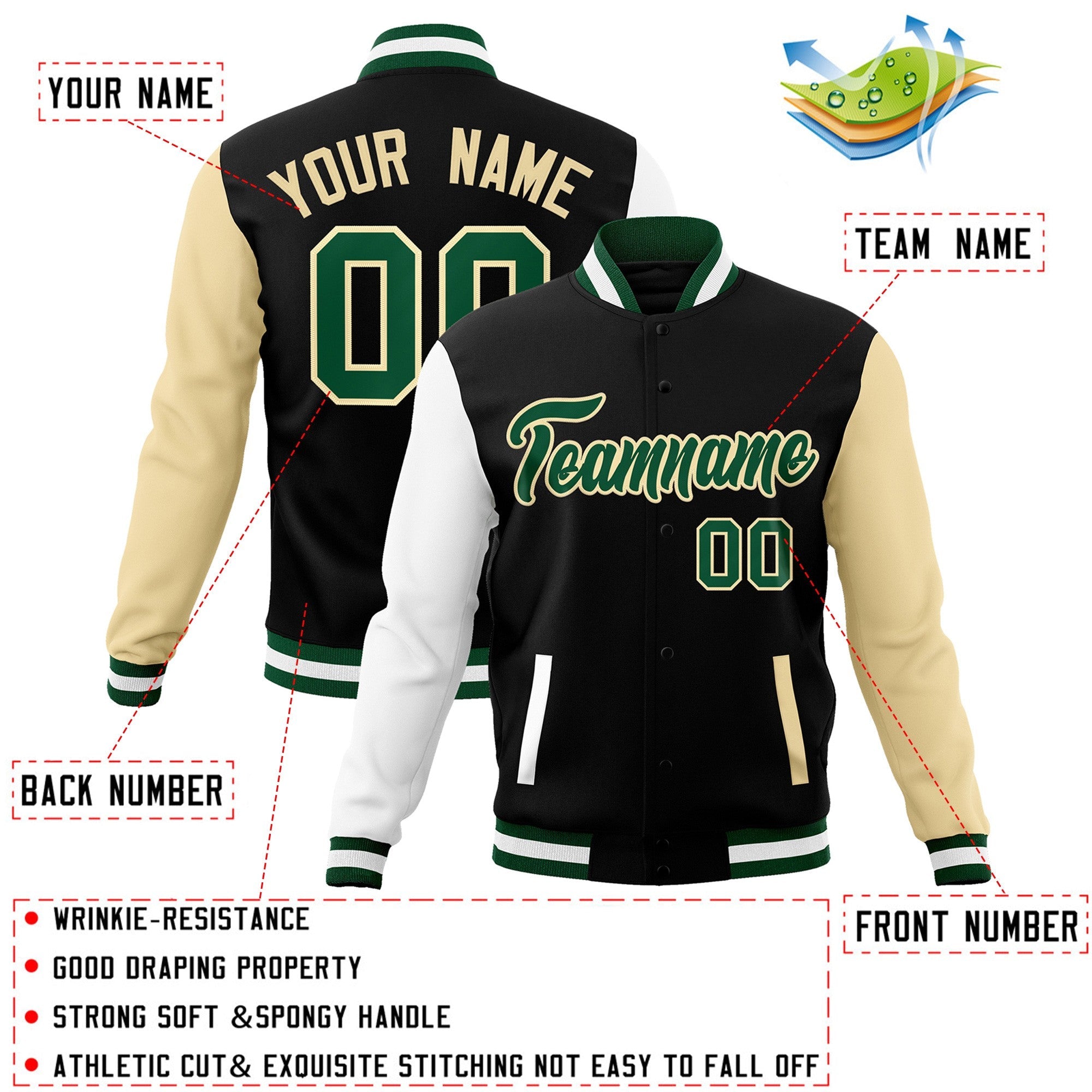 Custom Black Green-Khaki Raglan Sleeves Varsity Full-Snap Letterman Jacket