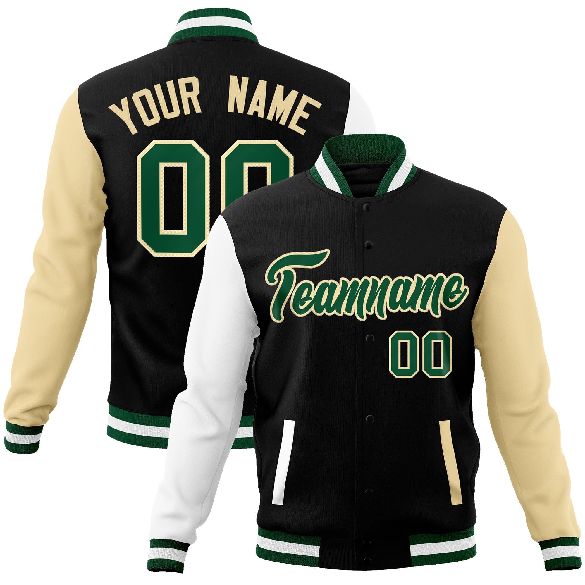 Custom Black Green-Khaki Raglan Sleeves Varsity Full-Snap Letterman Jacket